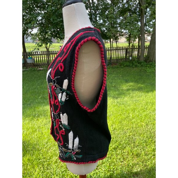 Vintage Victoria Jones Embroidered Holiday Vest M Black & Red Ramie/Cotton - Picture 4 of 8